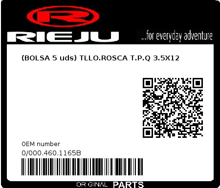 Product image: Rieju - 0/000.460.1165B - (BOLSA 5 uds) TLLO.ROSCA T.P.Q 3.5X12  0