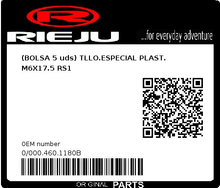 Product image: Rieju - 0/000.460.1180B - (BOLSA 5 uds) TLLO.ESPECIAL PLAST. M6X17.5 RS1  0