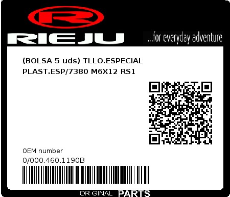 Product image: Rieju - 0/000.460.1190B - (BOLSA 5 uds) TLLO.ESPECIAL PLAST.ESP/7380 M6X12 RS1  0