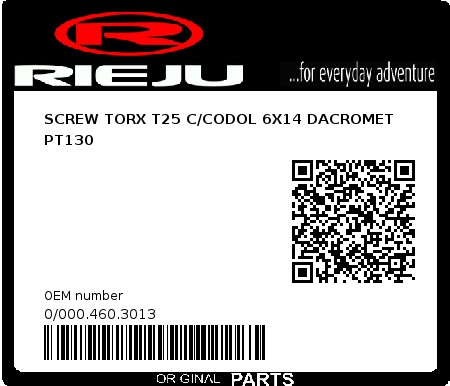 Product image: Rieju - 0/000.460.3013 - SCREW TORX T25 C/CODOL 6X14 DACROMET PT130  0