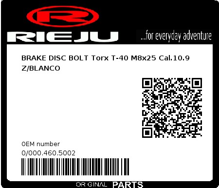 Product image: Rieju - 0/000.460.5002 - BRAKE DISC BOLT Torx T-40 M8x25 Cal.10.9 Z/BLANCO  0
