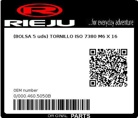 Product image: Rieju - 0/000.460.5050B - (BOLSA 5 uds) TORNILLO ISO 7380 M6 X 16  0