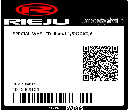 Product image: Rieju - MX25409106 - SPECIAL WASHER diam.14,5X22X0,6  0