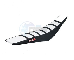 Product image: Crossx - M416-3WBB - Saddle Cover YAMAHA YZ 125 02-20 YZ 250 02-20 TOP WHITE- SIDE BLACK-STRIPES BLACK (M416-3WBB) 