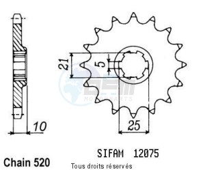 Product image: Sifam - 12075CZ15 - Sprocket Cagiva 600 W16 96-98 Cagiva 600 River 95-98 12075cz   15 teeth   TYPE : 520 