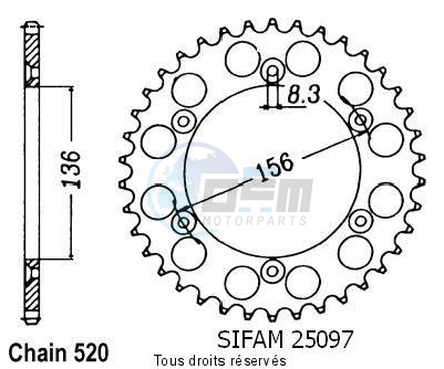 Product image: Sifam - 25097CZ52 - Chain wheel rear Husqvarna - Gas Gas 125/250/510/610 1990-2004 Type 520/Z52  0