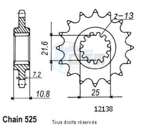 Product image: Sifam - 12138CZ16 - Sprocket Tdm 850 96-00 Trx 850 96-98 12138cz   16 teeth   TYPE : 525 