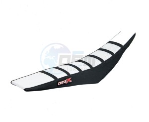 Product image: Crossx - M218-3WBB - Saddle Cover  KAWASAKI KX 85 00-13 KX 0 00-13 TOP WHITE- SIDE BLACK-STRIPES BLACK (M218-3WBB) 