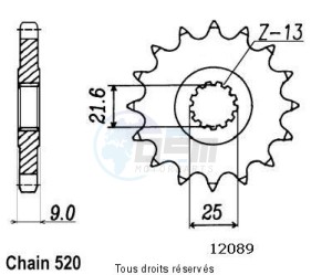 Product image: Sifam - 12089CZ16 - Sprocket Xtz 750 Super Tenere 90   12089cz   16 teeth   TYPE : 520 