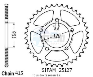 Product image: Sifam - 25127CZ45 - Chain wheel rear Aprilia 50 Rx 93-98   Type 415/Z45 