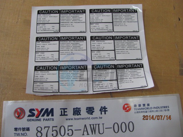 Product image: Sym - 87505-AWU-000 - TIRE LABEL  0