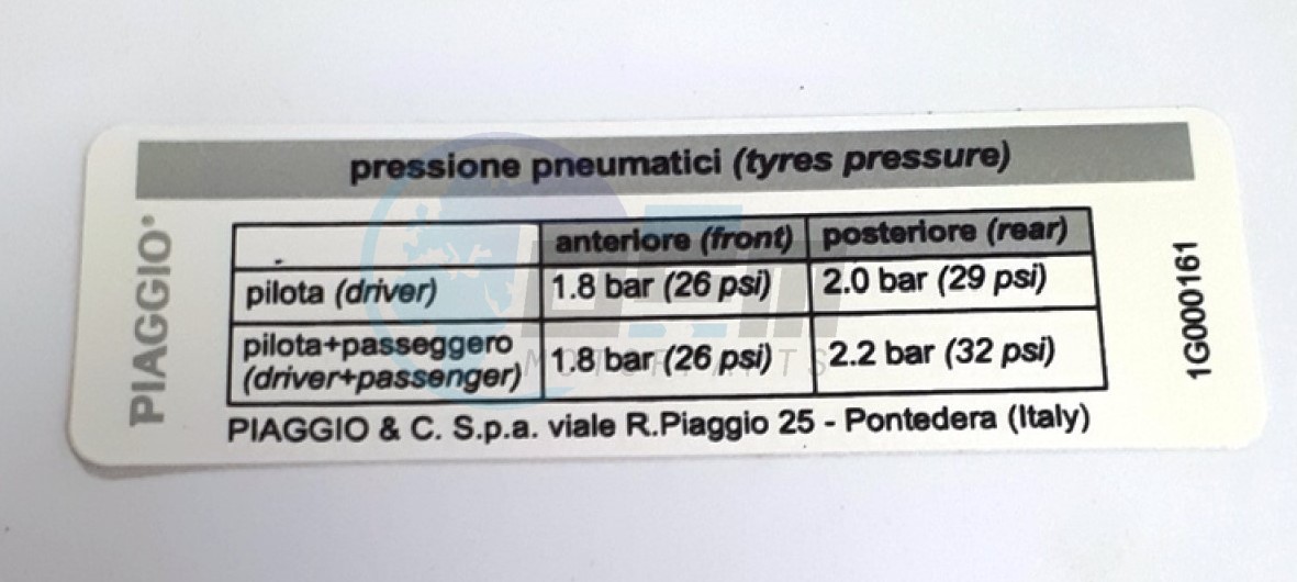 Product image: Vespa - 1G000161 - Tyre pressure label  0
