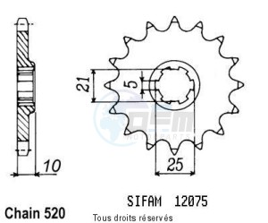 Product image: Sifam - 12075CZ16 - Sprocket Cagiva 350 W12 93-96 Cagiva 600 W16 95 12075cz   16 teeth   TYPE : 520 