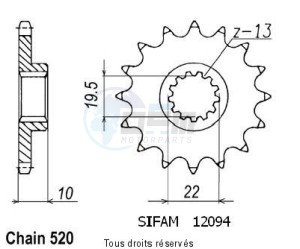 Product image: Sifam - 12094CZ12 - Sprocket Ts 250 X 85-90 250 Rmx 89-98 12094cz   12 teeth   TYPE : 520 